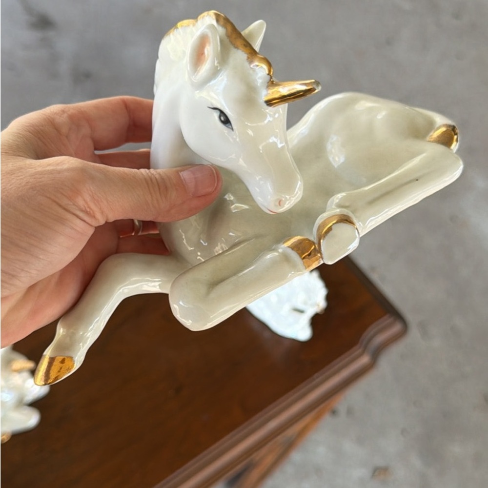 Vintage Pearlescent Ceramic Unicorn Figurine with Gold Accents